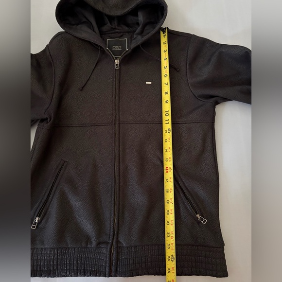 OBEY Propaganda Black Pebbled Liquid Faux Leather Hooded Zip Jacket Size Medium - Picture 8 of 14
